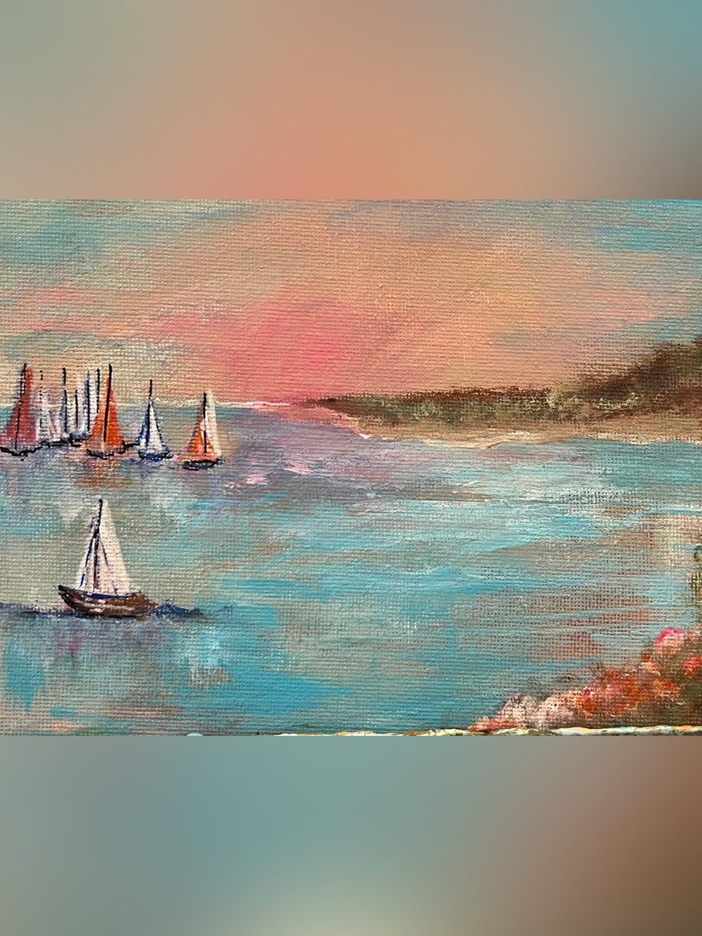Coastal Sailboats Canvas Art in Blue and Pink hand painted
